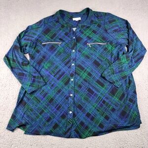 Susan Graver Top Womens 2X Blue Geometric Blouse Tunic Buttons Business Artsy